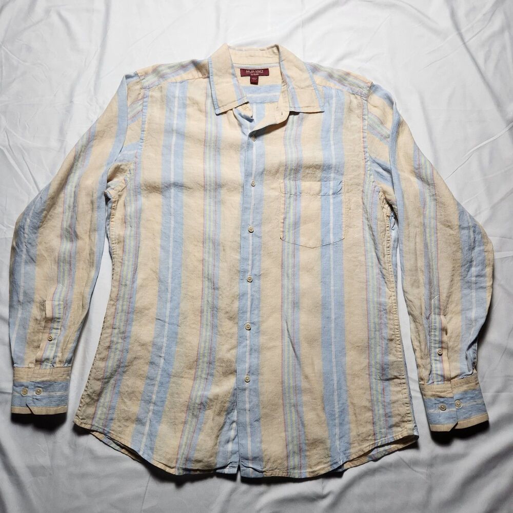 Murano by Raffi Mens Large 100% Linen Striped Long Sleeve Button Shirt Yellow